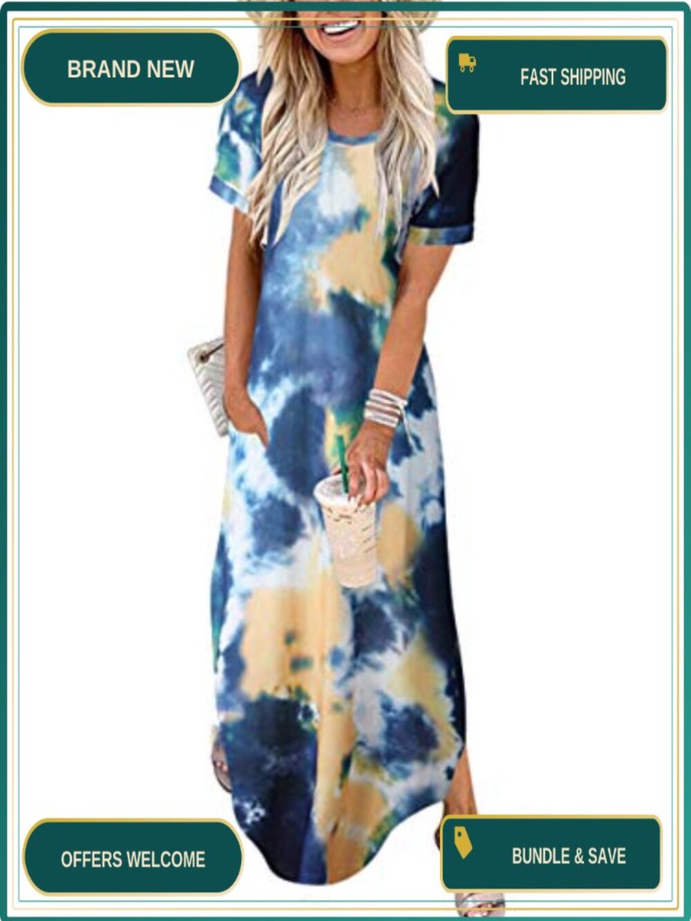 Loose Fit Maxi Summer Dress Short Sleeve Casual Split Vacation Beach Travel